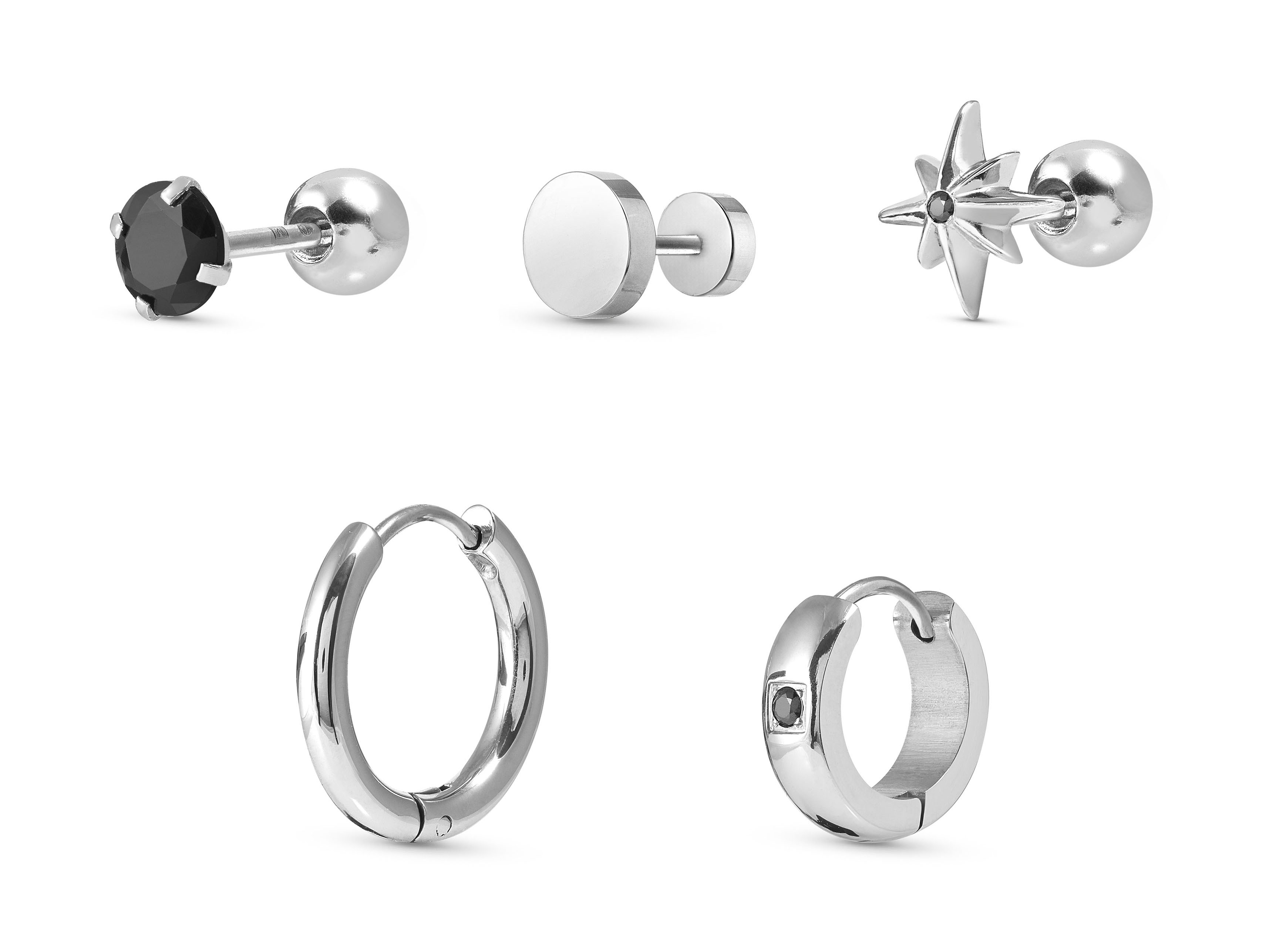 Set aus fünf Edelstahl-Ohrsteckern und Creolen, drei Ohrstecker mit unterschiedlichen Designs, darunter einer mit schwarzem Zirkonia, Hochglanzoberfläche, modern und elegant.