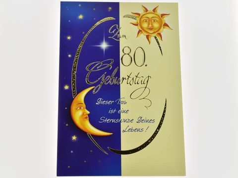 Eine Geburtstagskarte mit der Aufschrift Zum 80. Geburtstag, verziert mit Sonne, Mond und Sternen auf einem zweifarbigen Hintergrund in Blau und Gelb, von Hersteller Juwelier Harnisch.