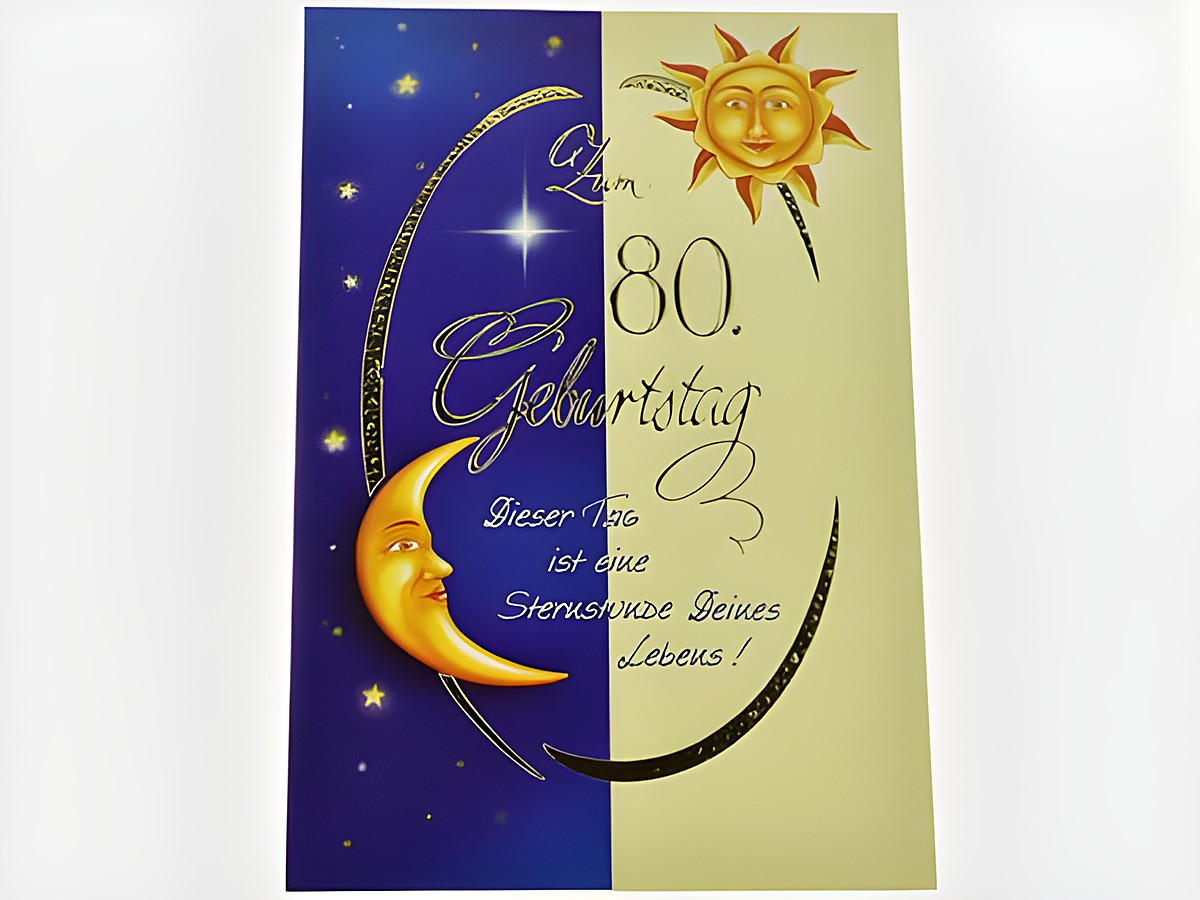 Eine Geburtstagskarte mit der Aufschrift Zum 80. Geburtstag, verziert mit Sonne, Mond und Sternen auf einem zweifarbigen Hintergrund in Blau und Gelb, von Hersteller Juwelier Harnisch.