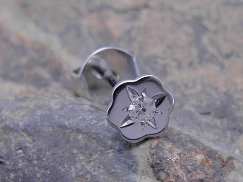 Ein kunstvoller Ohrstecker in Blumenblütenform aus Weißgold, verziert mit einem Diamanten. Ein elegantes Schmuckstück für jede Gelegenheit, hergestellt von Juwelier Harnisch.