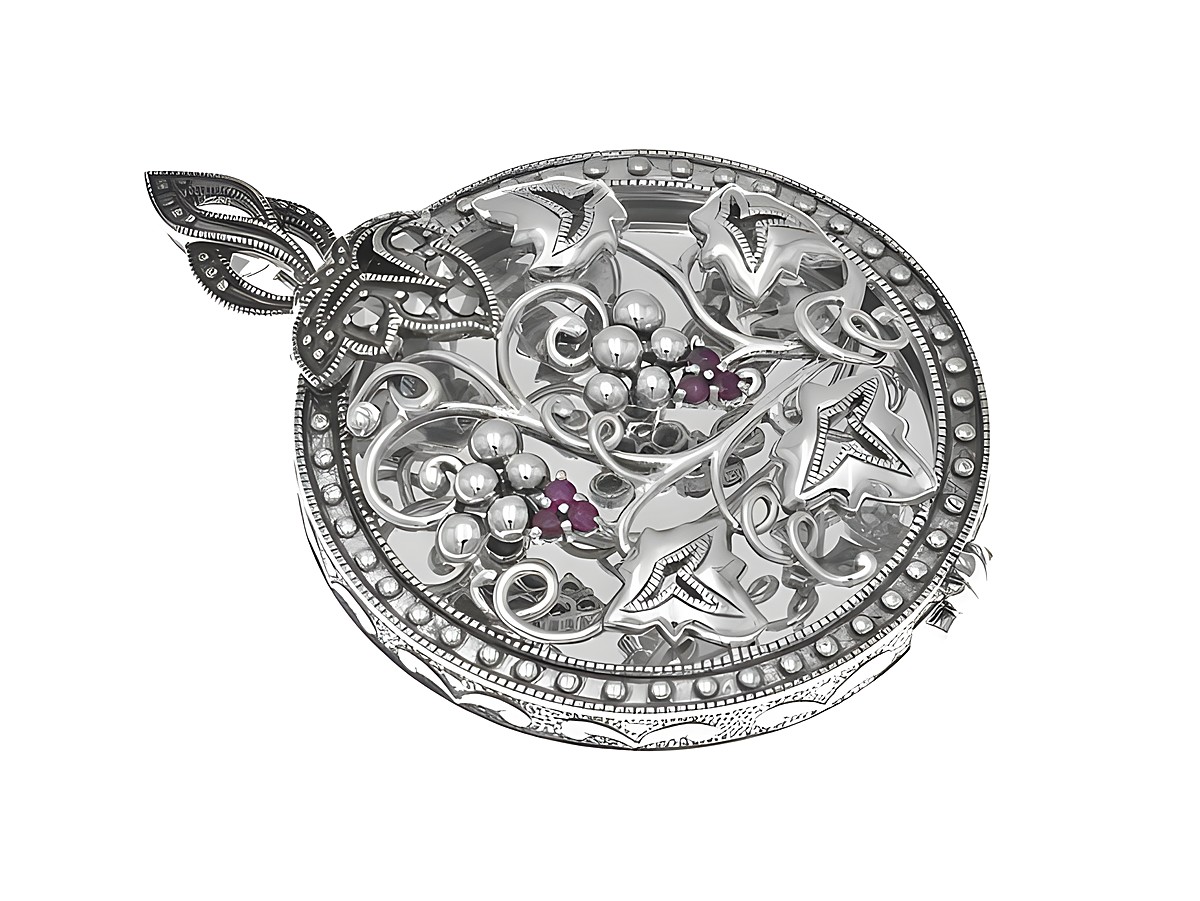 Medaillon nostalgisch aus Sterling Silber mit filigranem Design, verziert mit Rubinen und einer dekorativen Schleife, hergestellt von Juwelier Harnisch, ideal als Fotoanhänger.