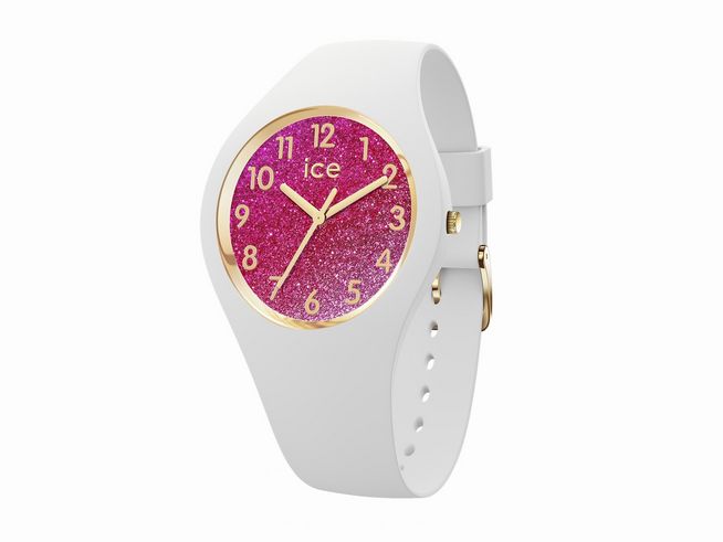 50441428-0 ICE glitter White pink Small von Ice Watch zeigt eine stilvolle Uhr mit einem weißen Armband und einem glitzernden, pinken Ziffernblatt. Das goldene Gehäuse verleiht der Uhr Eleganz.