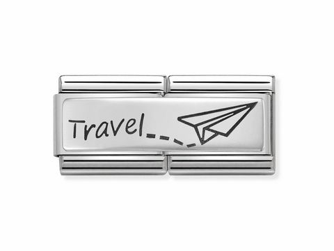 Silberne Gravurplatte mit dem Wort Travel und einem Origami-Flugzeugmotiv, Teil der Nomination Classic Kollektion, passend für Armbänder.