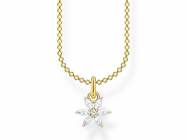 Thomas Sabo Charming Kette aus Sterling Silber mit vergoldetem Finish, verziert mit einem weißen Zirkonia-Anhänger in Blütenform, Länge 38 bis 45 cm.