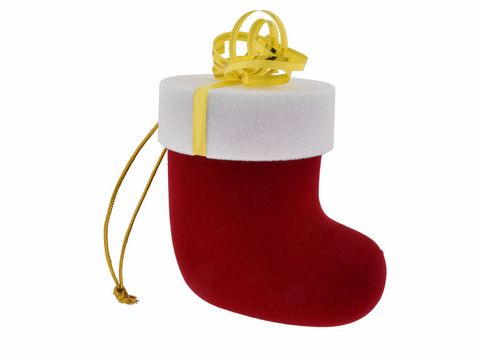Geschenkschachtel Weihnachten Stiefel rot weiß 7 cm, Hersteller Juwelier Harnisch, dekorativer Weihnachtsstiefel aus Samt mit gelbem Band, ideal für Weihnachtsgeschenke.