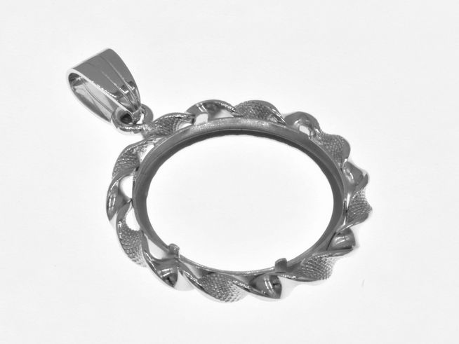 Münzfassung Anhänger aus rhodiniertem 925 Sterling Silber, mit einer maximalen Münzengröße von 21 mm Durchmesser und einem filigranen Kordeldesign, geeignet für Münzen bis 2,5 cm.