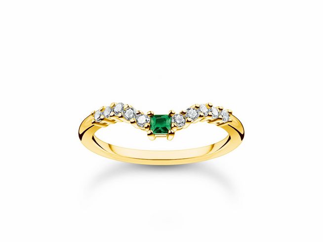 Eleganter Thomas Sabo Ring aus vergoldetem Sterling Silber in Größe 56, verziert mit einem grünen Stein und funkelnden Zirkonia, ideal für besondere Anlässe.