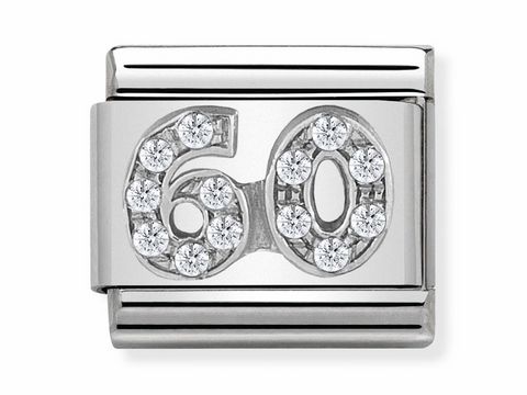 Zahl 60 in silbernem Design mit funkelnden Steinen auf einem klassischen Nomination SilverShine Motiv. Ideal als individuelles Schmuckstück für besondere Anlässe.