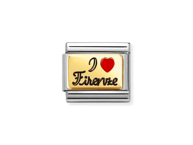 Edelstahlarmreif mit goldenem Emaille-Element, das die Aufschrift I Love Firenze in verschnörkelter Schrift und einem roten Herz zeigt, ausgeführt von Nomination, Neuheiten.