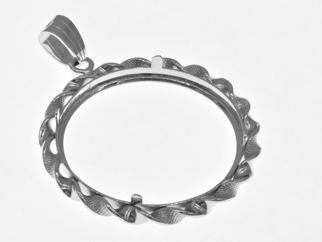 Münzfassung Anhänger aus rhodiniertem 925 Sterling Silber mit Kordel-Design, geeignet für Münzen bis 30 mm Durchmesser, hergestellt von Juwelier Harnisch.