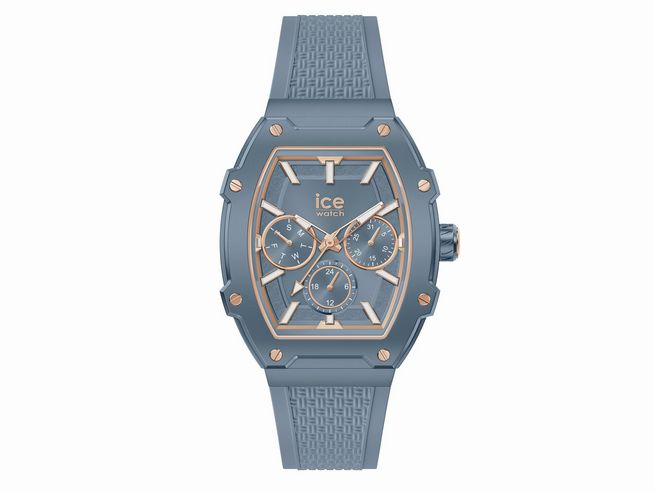 Die Ice Watch Uhr 022867 ICE boliday Horizon Blue Small zeigt ein elegantes Design in Blau mit goldenen Akzenten. Das Gehäuse hat eine sportliche Form und ein strukturiertes Armband.