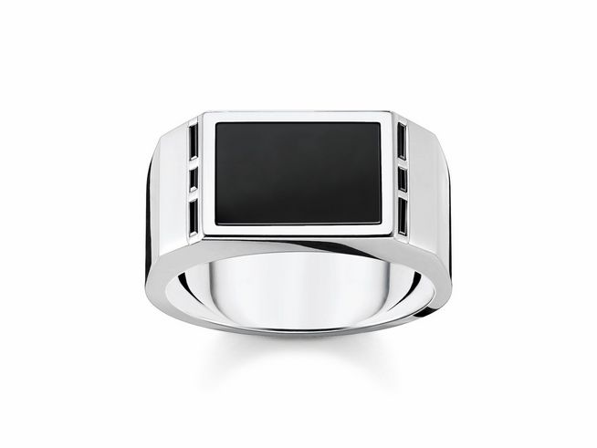Thomas Sabo Herrenring aus Sterling Silber mit Onyx und Zirkonia, quadratische schwarze Steinoberfläche, moderne und elegante Gestaltung, Größe 62.