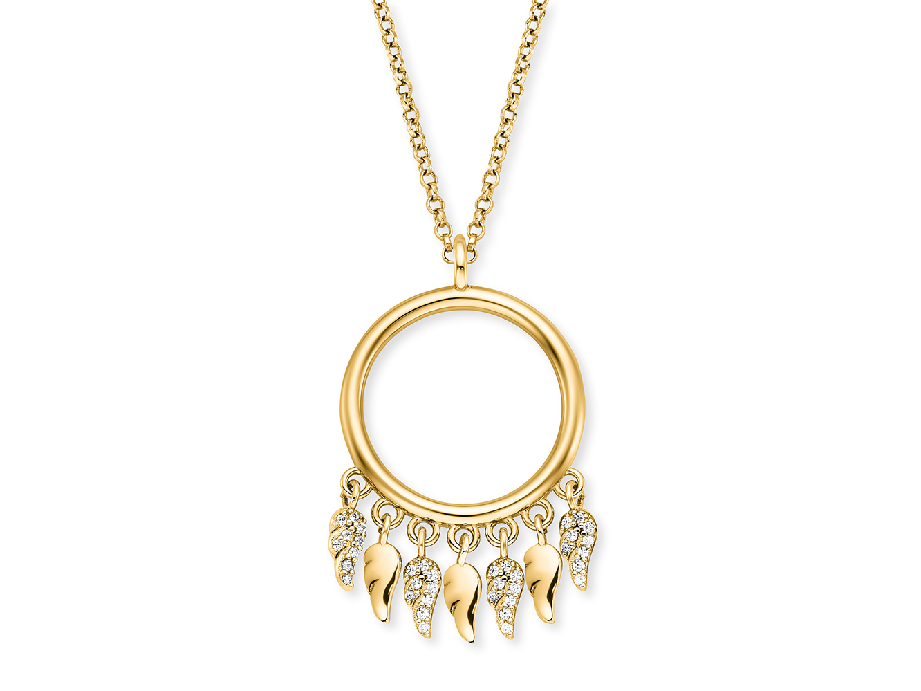 Engelsrufer ERN-FLYWING-ZI-G FLYWING Kette mit einem runden Anhänger in Gelbgold Vergoldung, verziert mit Zirkonia und fünf hängenden Flügeln, 42 cm lang, elegant und stilvoll.