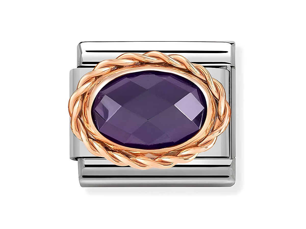 Edelstahl charm von Nomination in Roségold mit einem großen violetten Zirkonia Stein, elegant gefasst in einem geflochtenen Rahmen. Ideal für stilvolle Armbänder.