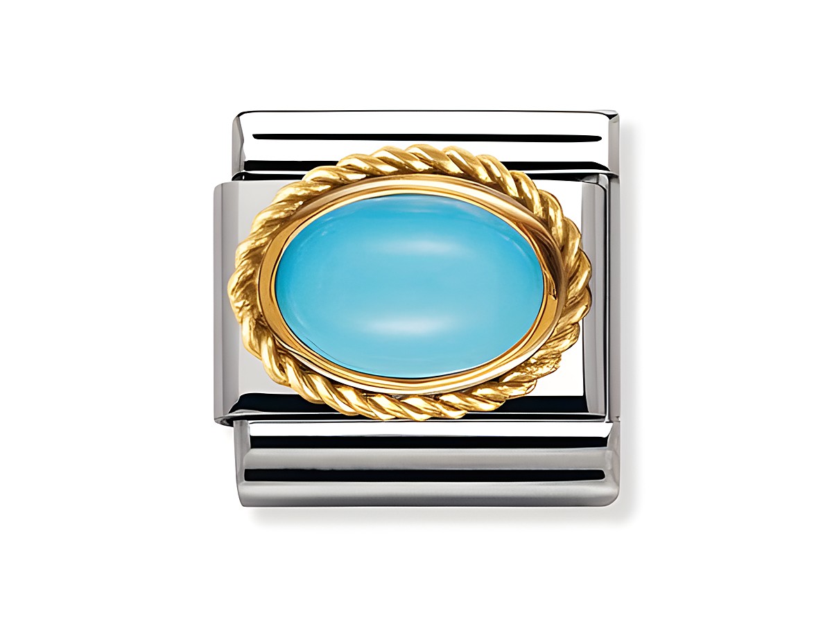 Classic Kordel in Türkis mit Goldrand von Nomination, oval geformt, glänzendes Design, perfekt für stilvolle Armbänder oder Schmuckkreationen.