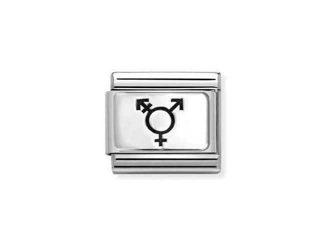 Die Abbildung zeigt ein elegantes Charm aus Sterling Silber und Edelstahl von Nomination, mit einem transgender Symbol in der Mitte, ideal für persönlichen Schmuck.