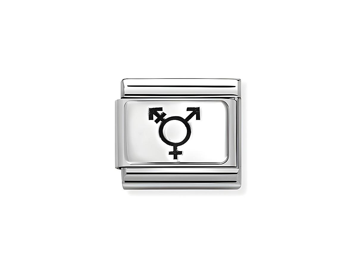 Die Abbildung zeigt ein elegantes Charm aus Sterling Silber und Edelstahl von Nomination, mit einem transgender Symbol in der Mitte, ideal für persönlichen Schmuck.