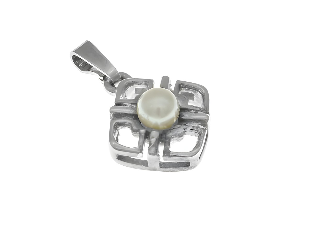Edelstahl-Anhänger mit filigranem Design und einer weißen Zuchtperle in der Mitte, Hersteller ist Juwelier Harnisch, ideal für stilvolle Akzente.
