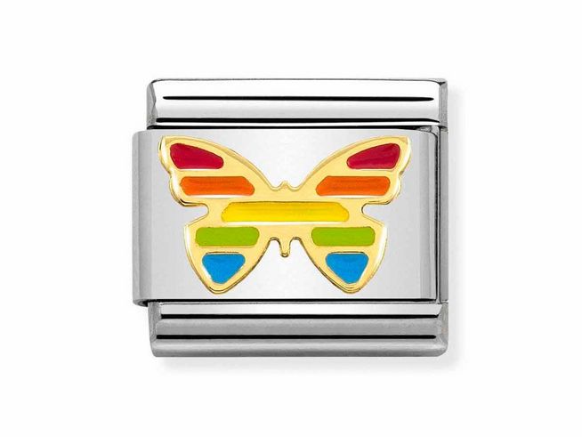 Emaillierter Regenbogen Schmetterling in bunten Farben auf einem klassischen Gelbgold Hintergrund, Produkt von Nomination, Modell 030272 55, ideal für Ihr Schmuckstück.