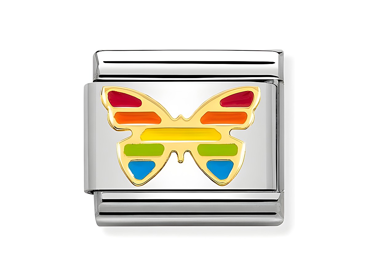 Emaillierter Regenbogen Schmetterling in bunten Farben auf einem klassischen Gelbgold Hintergrund, Produkt von Nomination, Modell 030272 55, ideal für Ihr Schmuckstück.