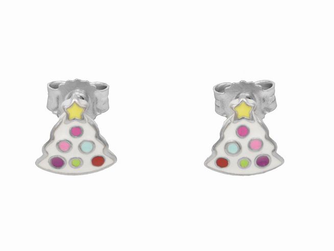 Ohrringe Weihnachtsbaum aus rhodiniertem und poliertem Sterling Silber mit buntem Lack für Kinder, vom Hersteller Juwelier Harnisch, ideal für die Weihnachtszeit.