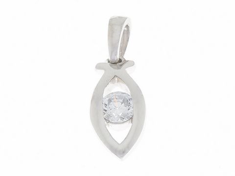 Christlicher Fisch Anhänger aus Silber rhodiniert mit funkelndem Zirkonia, Hersteller Juwelier Harnisch, symbolisiert den Glauben und eignet sich als religiöses Schmuckstück.