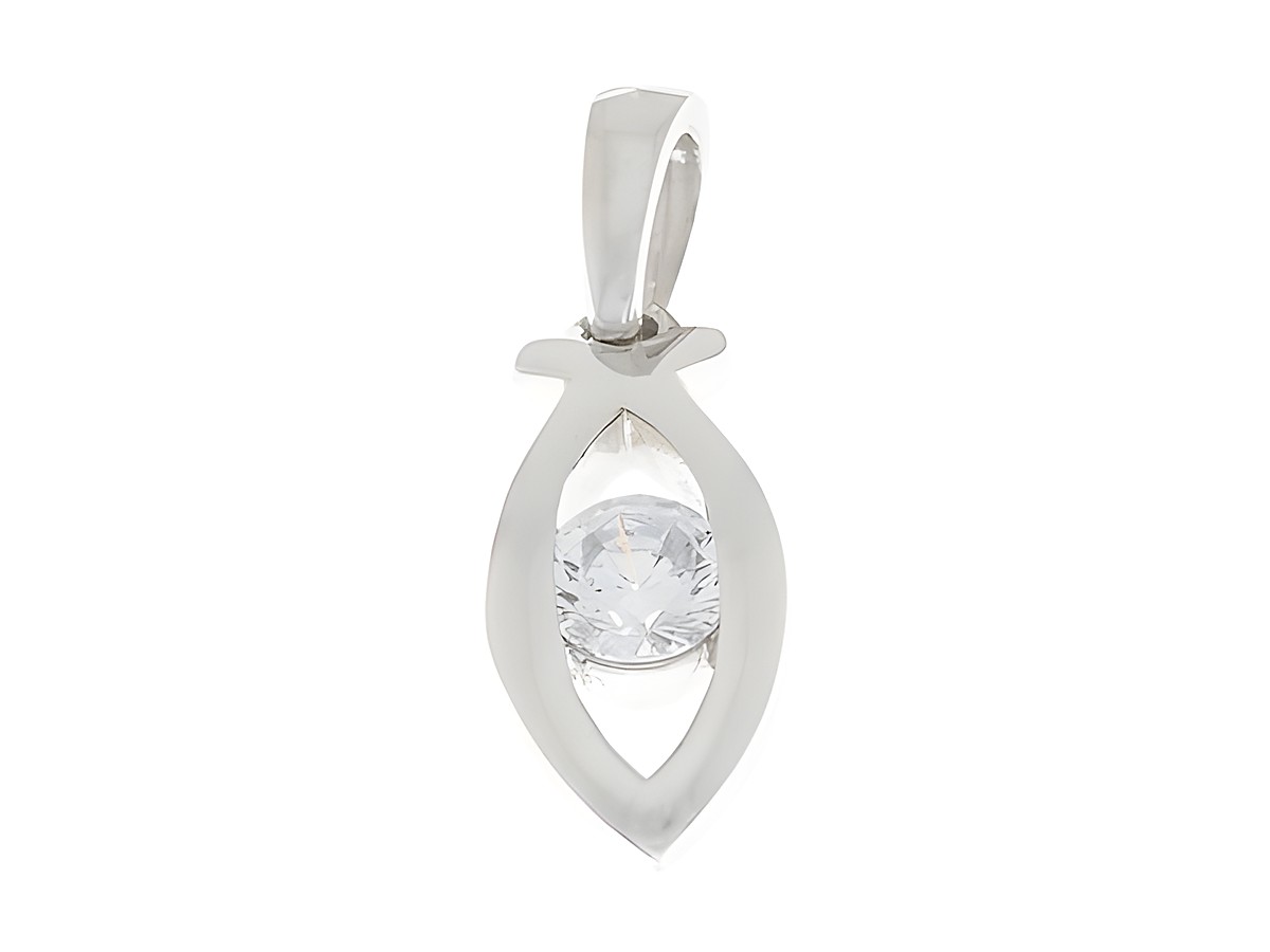 Christlicher Fisch Anhänger aus Silber rhodiniert mit funkelndem Zirkonia, Hersteller Juwelier Harnisch, symbolisiert den Glauben und eignet sich als religiöses Schmuckstück.