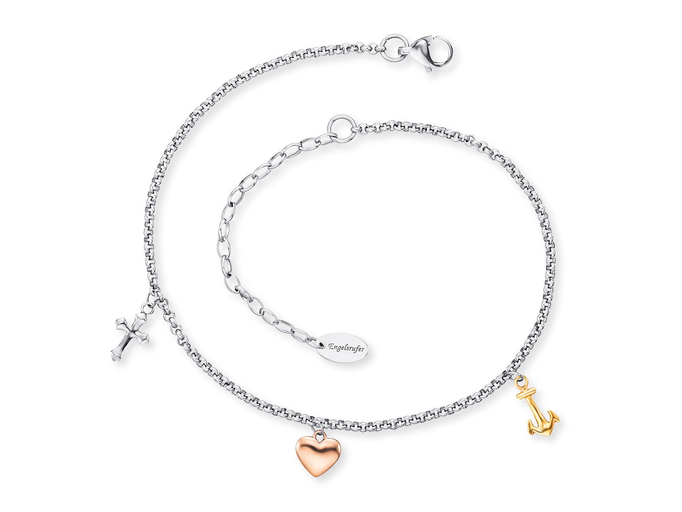 Engelsrufer ERFS-FLH-TRI FUßKETTE Fußkettchen Glaube Liebe Hoffnung Tricolor - Edelstahl 22 cm Elegantes Fußkettchen aus Edelstahl in Tricolor mit Anhängern in Form eines Kreuzes, eines Herzens und eines Ankers, perfekt als Symbol für Glaube, Liebe und Hoffnung.