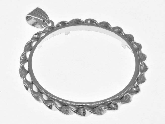 Münzfassung Anhänger aus rhodiniertem 925 Sterling Silber mit Kordel für Münzen bis 35 mm Durchmesser, Hersteller Juwelier Harnisch, elegantes und zeitloses Design.