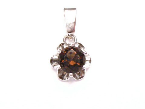 Silber Anhänger mit Rauchquarz in der Größe 13 x 10 mm, Hersteller Juwelier Harnisch, umgeben von weiteren Steinen, in blütenförmigem Design.