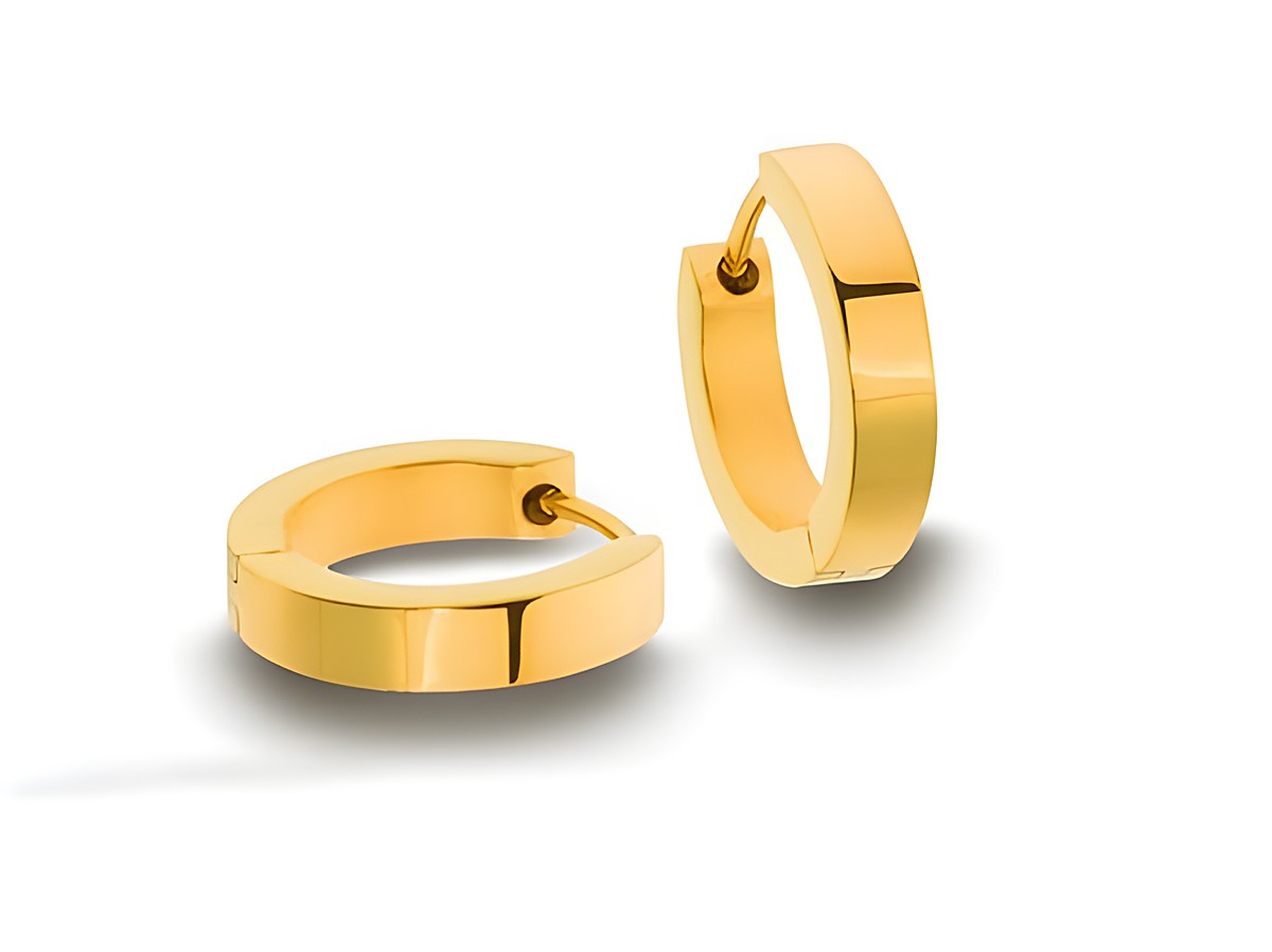 Edelstahl Creolen in poliertem Goldfarben, 1,5 cm Durchmesser und 3,1 mm Breite, idealer Schmuck für jeden Anlass, Hersteller Juwelier Harnisch.