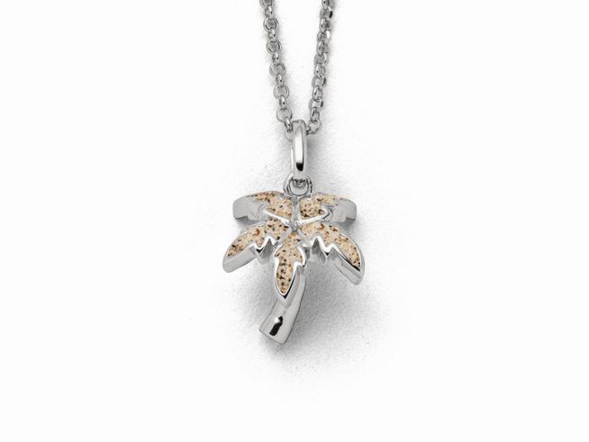 Sterling Silber Kette mit einem Palmenanhänger, gefüllt mit Strandsand. Die Kette hat eine Länge von 42 cm und verleiht einen sommerlichen Look.