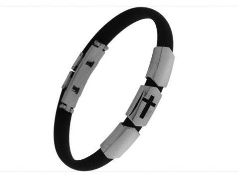 Kautschuk Edelstahl Armband mit Kreuzsymbol, Ausdruck des Glaubens, Hersteller Juwelier Harnisch, stilvolles und modernes Design für Herren und Damen. Kautschuk Armbänder sind flexibel und leicht.
