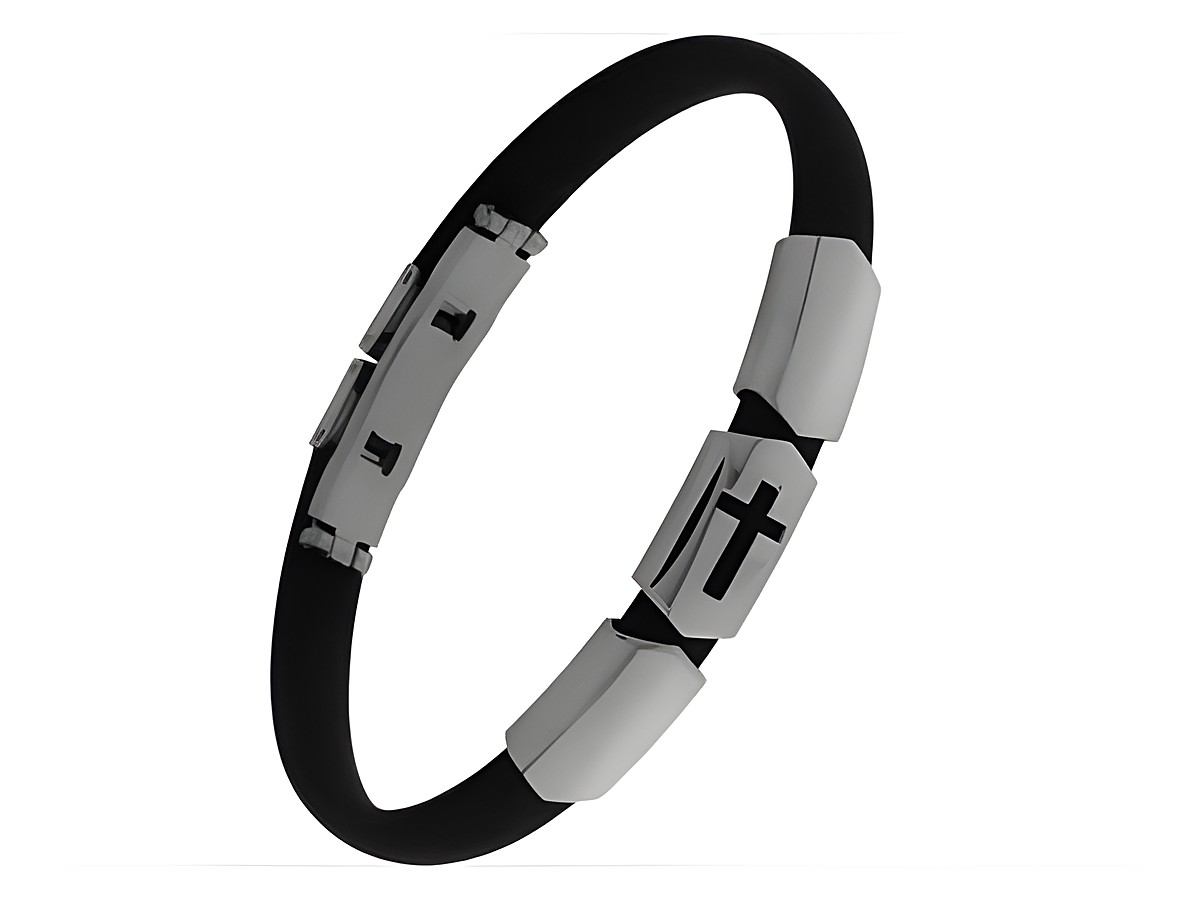 Kautschuk Edelstahl Armband mit Kreuzsymbol, Ausdruck des Glaubens, Hersteller Juwelier Harnisch, stilvolles und modernes Design für Herren und Damen. Kautschuk Armbänder sind flexibel und leicht.
