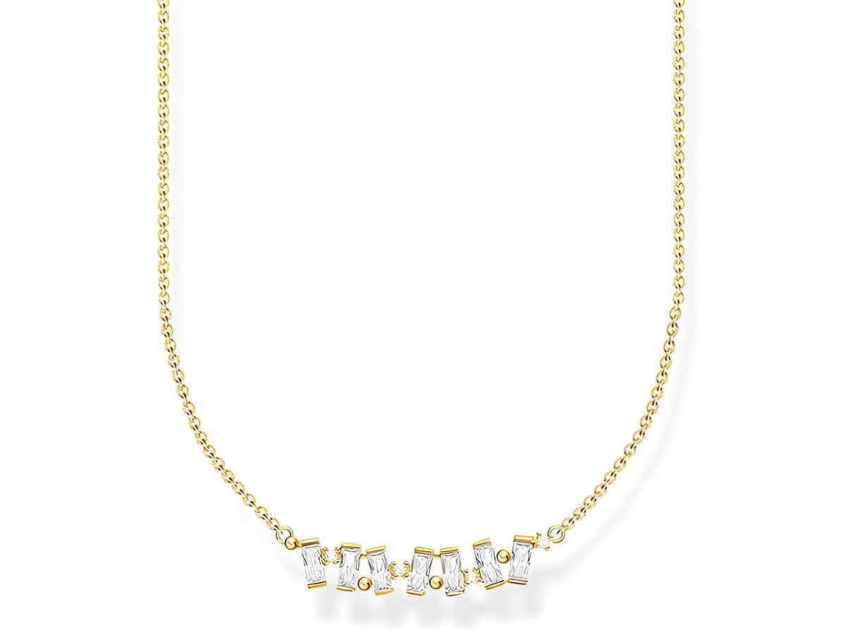 Die Thomas Sabo Charming Kette aus Sterling Silber ist vergoldet und zeigt eine elegante Anordnung von weißen Zirkonia-Steinen, geeignet für eine Länge von 38 bis 45 cm.