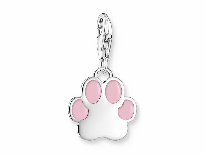 Charm-Anhänger in Form einer Pfote aus Silber mit rosa-pinkem Emaille-Finish, passend für Armbänder und Anhängerschmuck, Hersteller Thomas Sabo.