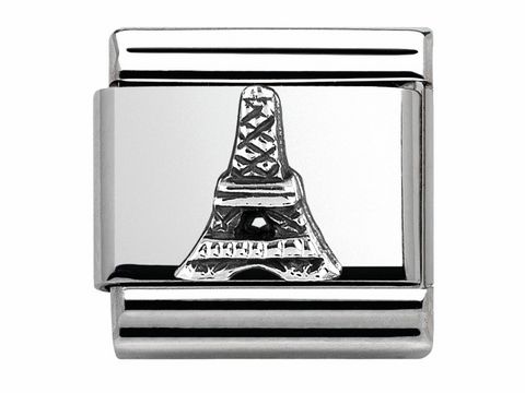 Silberner Charm mit Relief des Eiffelturms, hergestellt von Nomination, Teil der Kollektion Monumente - Denkmäler, klassisches Design, ideal für Schmuckliebhaber.