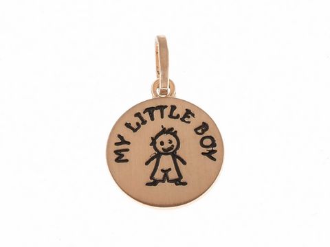 Anhänger My little Boy aus 925 Sterling Silber rosé vergoldet mit eingraviertem Schriftzug und einer Zeichnung eines Jungen, ideal für Kinder, Hersteller Juwelier Harnisch.