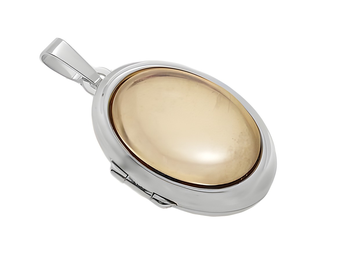 Glas in Mondstein Optik Cabochon in einem eleganten Weißgold 585 Medaillon, hergestellt von Juwelier Harnisch, präsentiert sich hochwertig und zeitlos im Design.