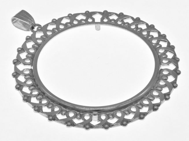 Münzfassung Anhänger aus 925 Sterling Silber, nostalgisches Design mit filigraner Umrandung für Münzen bis 40,6 mm Durchmesser, Hersteller Juwelier Harnisch, elegant und hochwertig.