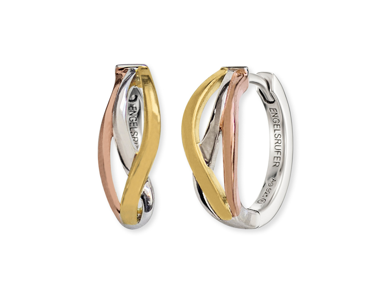Engelsrufer ERE-PARADISE-TRI-CR PARADISE Creole Tricolor Ohrringe in Gold, Rosé und Silber, elegant geschwungenes Design, Durchmesser 16,5 mm, hochwertiger Edelstahl.