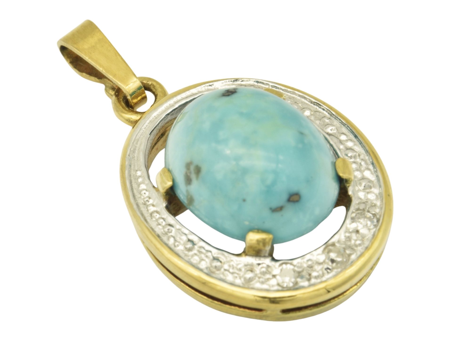 Anhänger BICOLOR Türkis Diamant - Gelbgold poliert - Türkis + Diamantsplitter Blau + Weiß