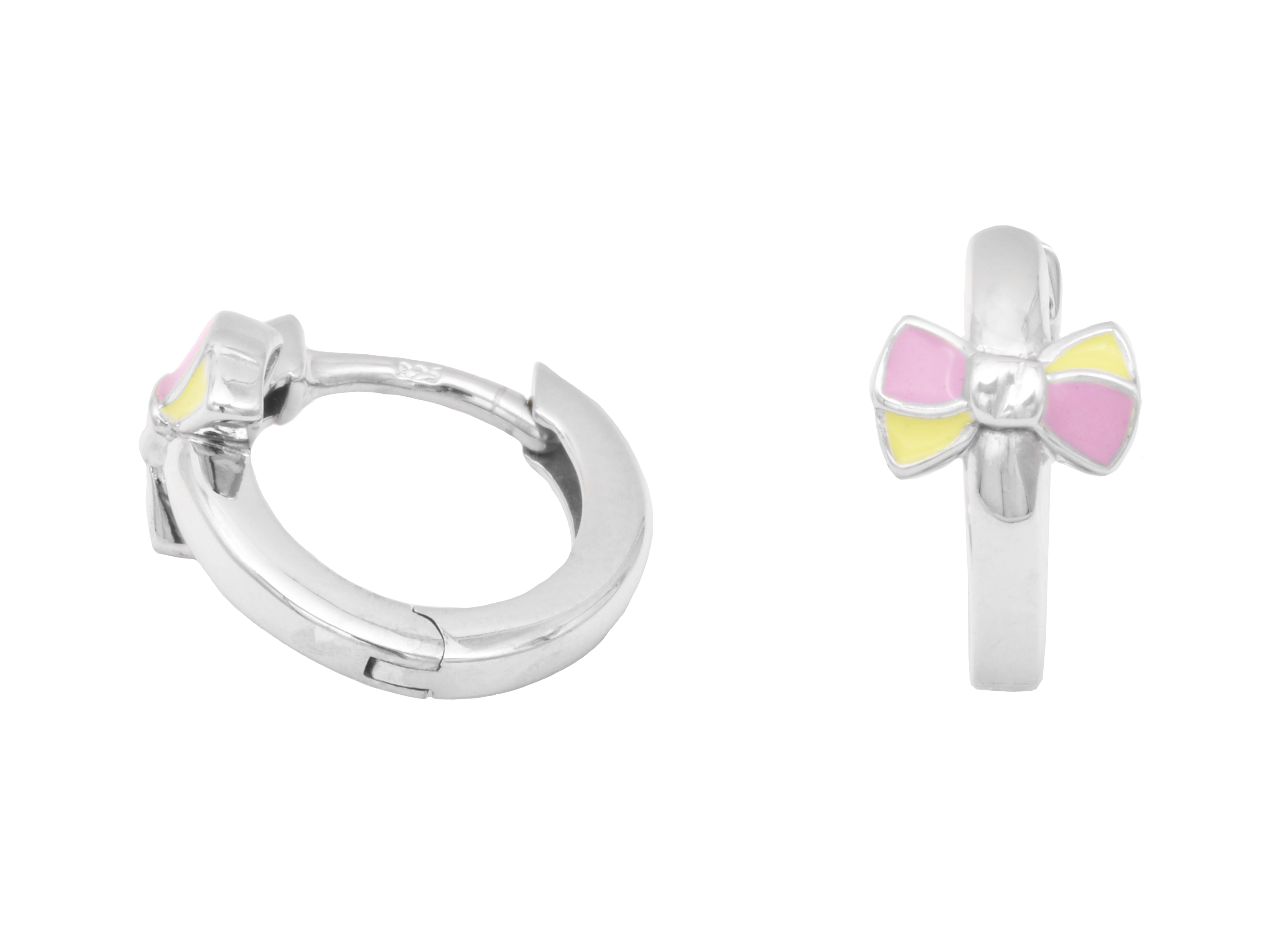 Creolen Ohrringe mit einer Schleife von 1,2 cm aus rhodiniertem Sterling Silber, poliert, in Rosa und Gelb, ideal für Kinder, Hersteller Juwelier Harnisch.