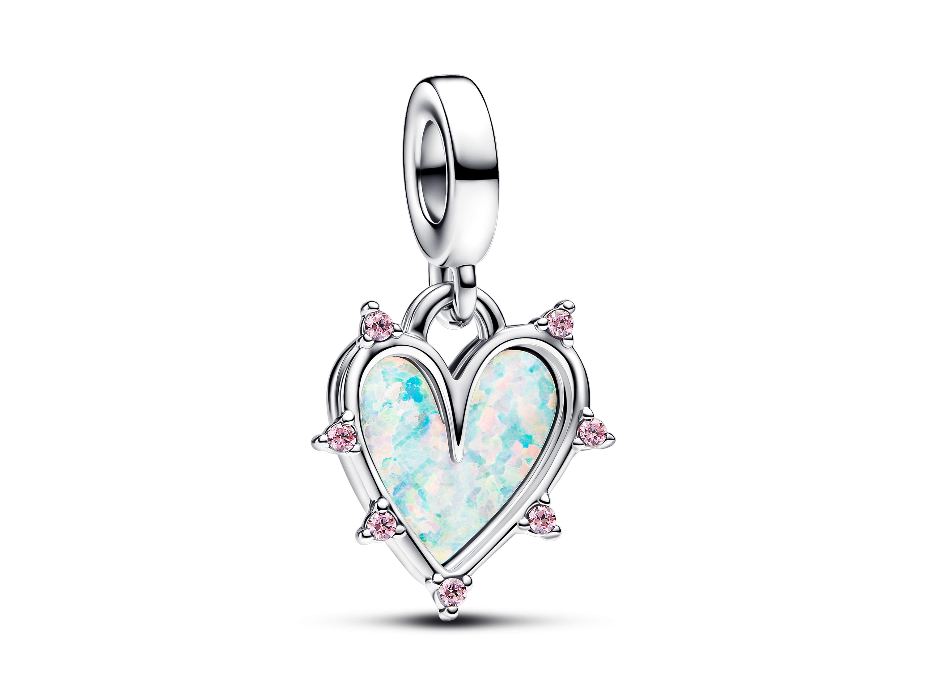 Doppelanhänger aus Sterling Silber in Herzform, besetzt mit synthetischem Opal und pinkfarbenen Zirkonia, ideal für Freundschaftsarmbänder, von Pandora.