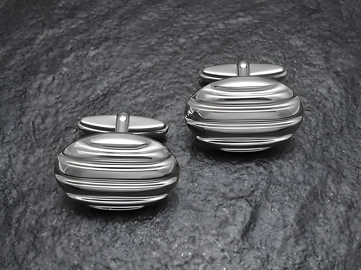 Manschettenknöpfe SILBER für Herren und Damen, Hersteller Juwelier Harnisch, Echt Silber, mit einem eleganten, gestreiften Design und polierter Oberfläche, ideal für festliche Anlässe.