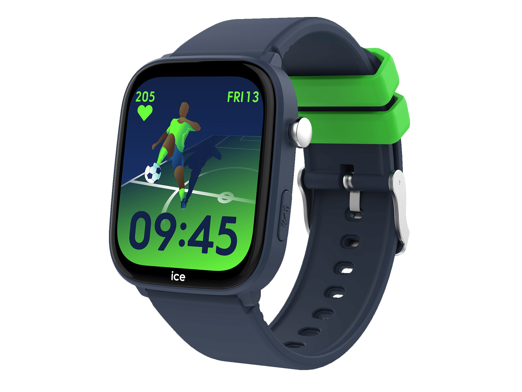 Ice Watch 024547 ICE smart junior 3.0 Find My Smartwatch in Blau mit 1.75 Zoll Display zeigt ein sportliches Design mit einer fußballspielenden Figur und einer klaren Zeitanzeige.
