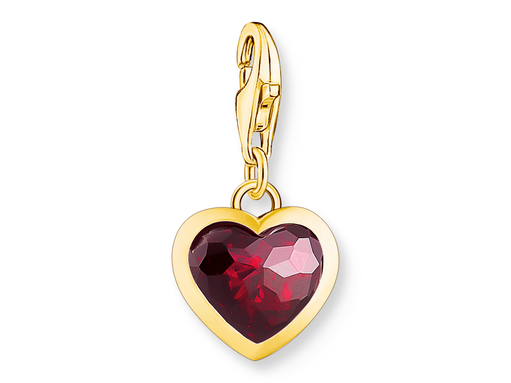 Charm-Anhänger von Thomas Sabo in Herzform aus vergoldetem Silber mit rotem, facettiertem Stein, ideal für individuelles Schmuckdesign und Trends von As We Love.
