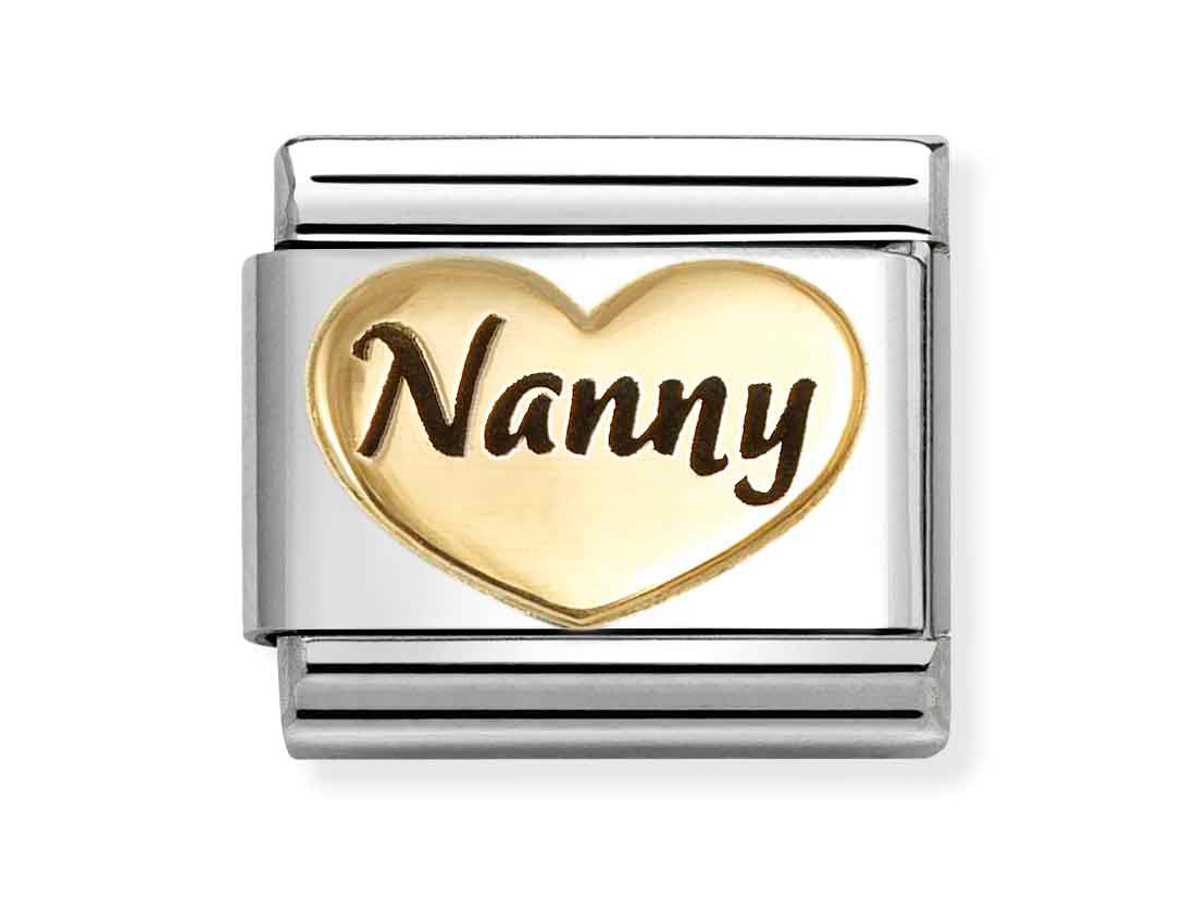 Charm aus Silber mit goldenem Herz und dem Schriftzug Nanny, ideal für die Schmuckkollektion von Pandora, passend zu besonderen Anlässen und Geschenken.
