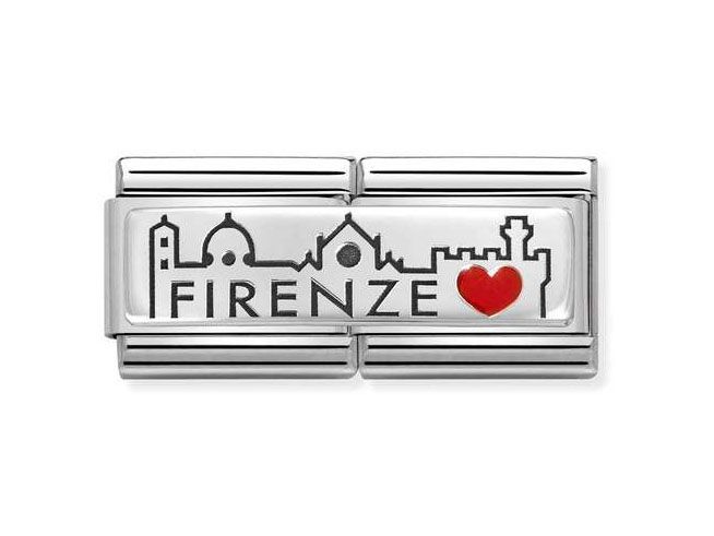 Ein Charm von Nomination mit dem Schriftzug Firenze, verziert mit einer roten Herzgrafik und einer stilisierten Skyline, aus Sterling Silber und Edelstahl, Modell Classic.