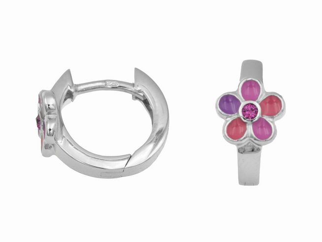 Creolen mit einem Durchmesser von 1 cm aus rhodiniertem Sterling Silber, verziert mit einer bunten Blumenmotiv und einem pinken Stein, ideal für Kinder, Hersteller Juwelier Harnisch.
